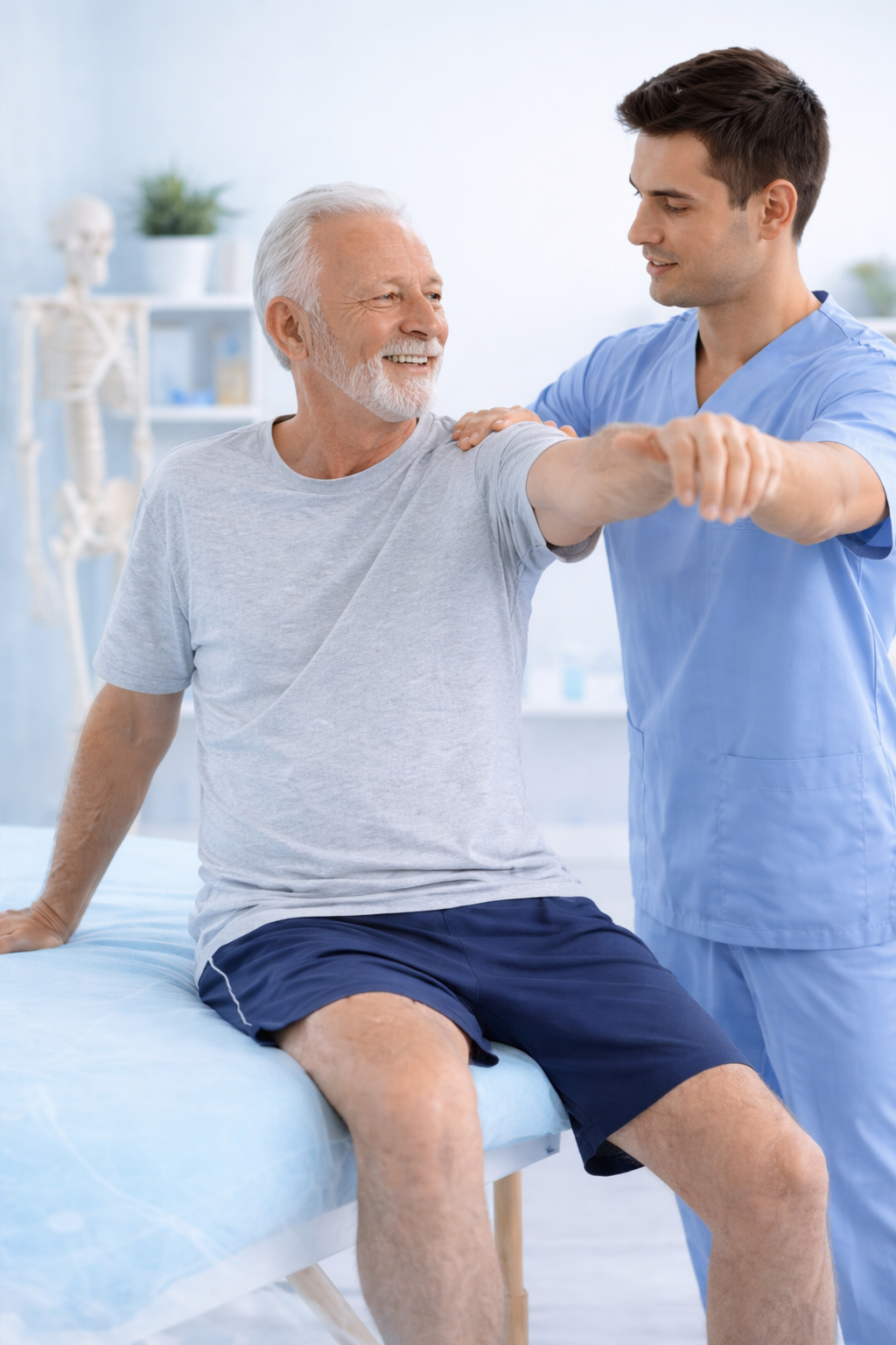 Physical therapist guiding a patient during a range of motion assessment